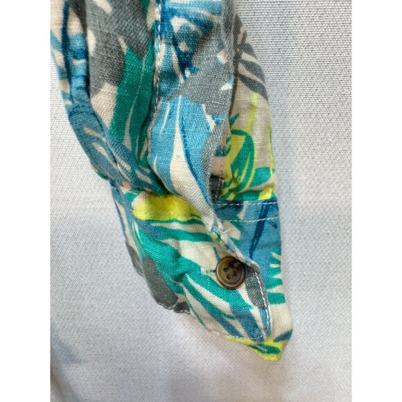 Lands End Womens Linen Button Up Shirt Size ST Green Tropical Long Sleeve Casual - Picture 5 of 12